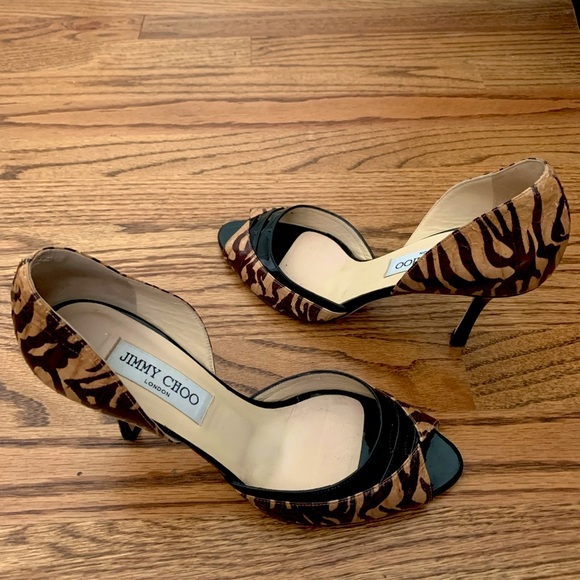 Jimmy Choo Black Browns Animal Print Heels Peep Toe Pumps Shoes 37.5 US 7 Fall - Picture 10 of 13